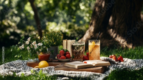 Enjoying a Peaceful Picnic With Drinks and Strawberries in a Sunlit Garden