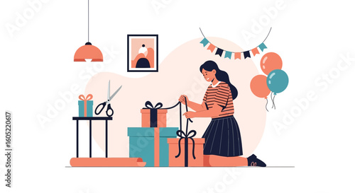 Woman Kneeling While Decorating Gifts For A Festive Celebration At Home