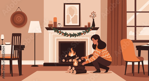 Woman Kindling A Fireplace In A Comfortably Decorated Living Room Interior