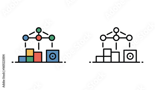 Hierarchical Structure Displayed with Colorful and Black and White Versions Representing Data Organization