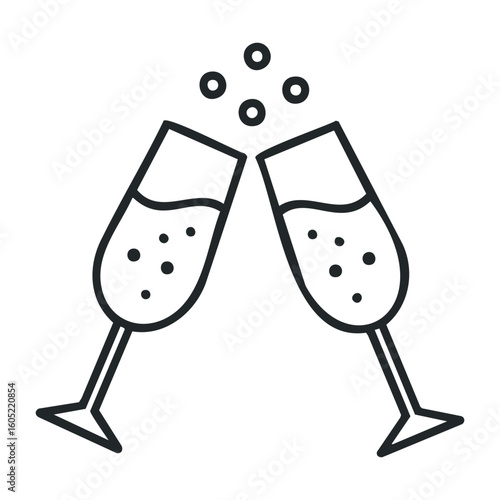 Outline of toasting champagne glasses celebrating with bubbles. Vector illustration