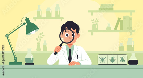 Young Entomologist Inspecting Insects With Magnifying Glass In A Laboratory