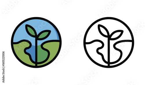 Two Circular World Icons Featuring a Sprout Plant Growing Out of Land and Water Vector
