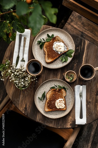 Delicious Breakfast Featuring Toast With Fried Egg and Coffee in a Natural Se...