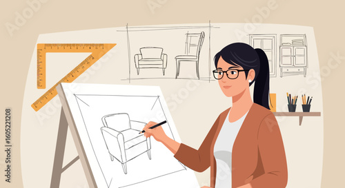 Young Female Interior Designer Creating Furniture Sketch In Her Studio Space