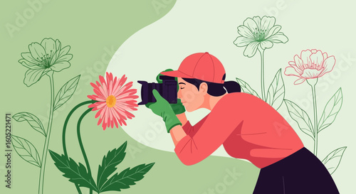 Young Female Photographer Capturing Beautiful Flowers in Bloom with a Camera