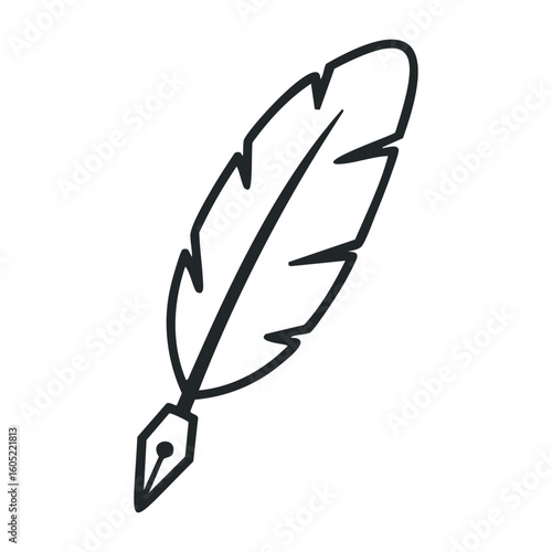 Quill pen symbol outline with feather and ink nib design. Vector illustration