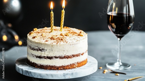 Celebrating With a Cake, Candles, and Wine During a Special Occasion at a Sty...