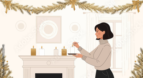 Woman Lights Advent Candles In Cozy Room To Celebrate The Holiday Season