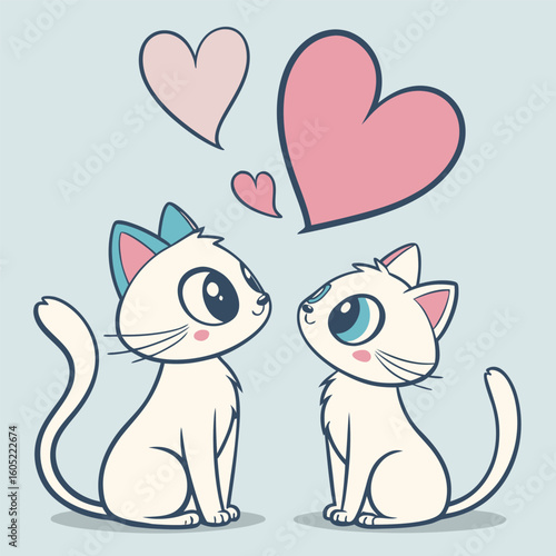 Vector art of two cute cartoon cats in love with pink hearts floating above them