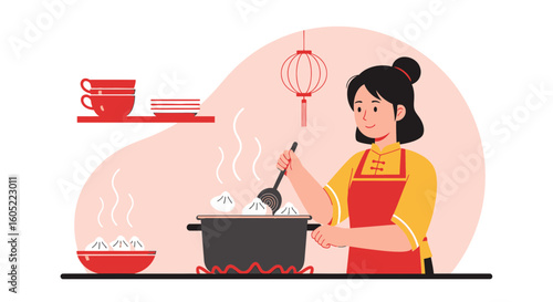 Woman Making Traditional Chinese Dumplings In A Festive Kitchen Scene