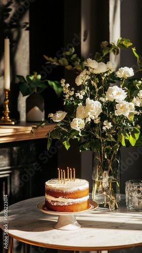 Elegant Celebration Cake With Candles Beside a Floral Arrangement in Softly L...