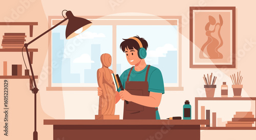 Young Man Carving Wooden Statue While Listening To Music In His Workshop
