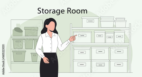 Woman Manages Home Storage Solutions Boxes On Shelves For Organized Living