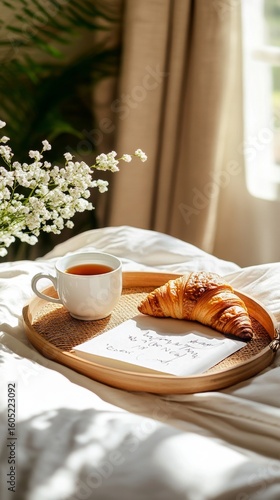 Morning Breakfast Tray With Croissant and Tea on a Cozy Bed