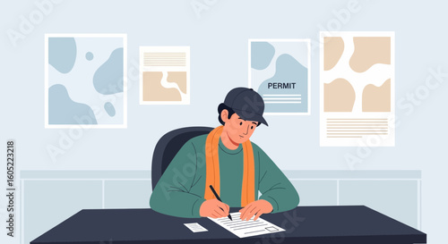 Young Man Completing Form or Applying For Permit at Office Desk