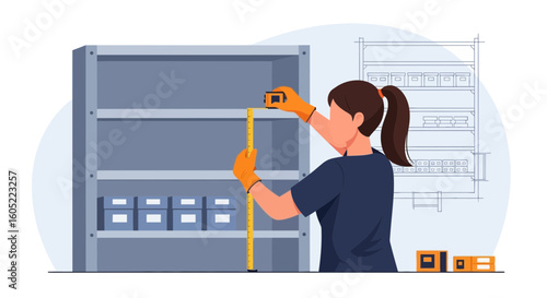 Woman Measuring Empty Industrial Shelving Unit For Accurate Dimensions