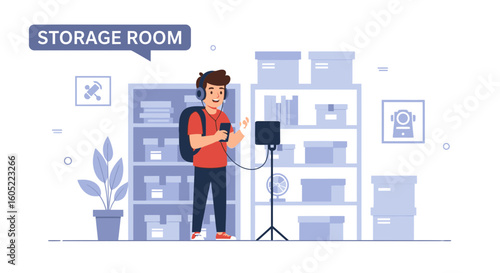Young Man Creates Content In His Storage Room For Social Media