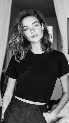 Model Posing in a Stylish Black Outfit Against a Soft, Light Background Indoors