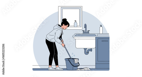 Woman Mopping Floor In Kitchen Illustrating Home Hygiene and Cleaning Routine
