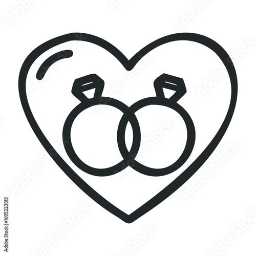 Interlocking wedding rings in heart: symbol of love and commitment. Vector illustration