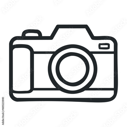 Black and white line drawing of a vintage camera with lens details. Vector illustration