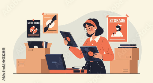 Woman Organising Vintage Vinyl Records Collection At Home With Boxes