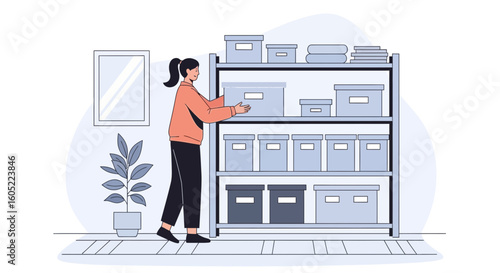 Woman Organizes Boxes On Metal Shelving Unit In A Well Ordered Room