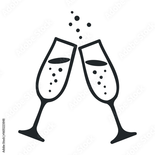 Black and white champagne toast with clinking glasses and bubbles. Vector illustration