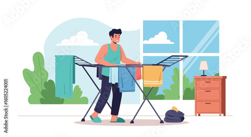 Young Man Doing Laundry Hanging Clothes Indoors Home Flat Design Style