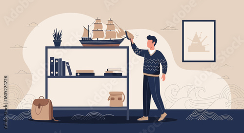 Young Man Dusting A Ship Model At Home During Leisure Time Hobby