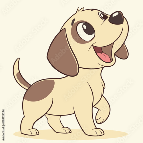 Vector art of a cheerful tan and brown cartoon puppy with a collar is standing happily