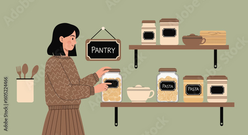 Woman Organizes Her Pantry With Jars And Containers On Wooden Shelves