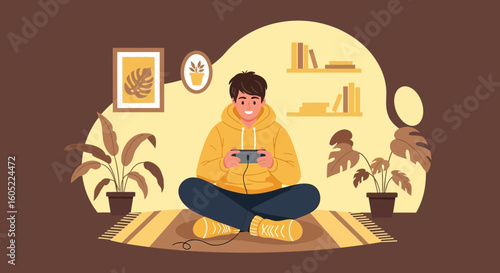 Young Man Enjoying Mobile Gaming At Home In A Cozy And Relaxing Environment