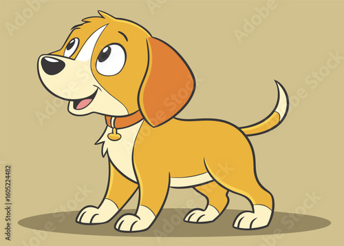 Vector art of an energetic orange and tan cartoon puppy with a collar is walking happily