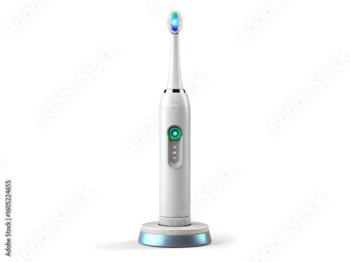 White electric toothbrush with blue charging base and illuminated bristles green