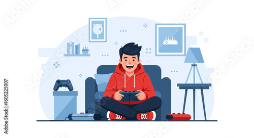 Young Man Enjoys Gaming at Home in Comfortable Living Room Illustration