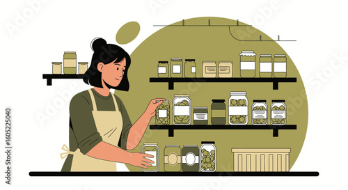 Woman Organizes Preserved Food Jars in the Pantry on Shelves and Prepares