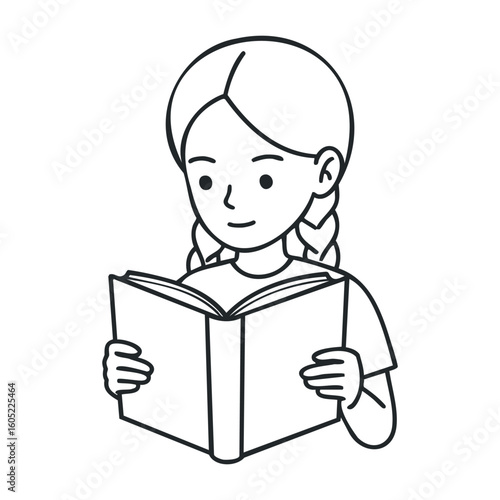 Young caucasian female child reading a book with braided hair. Vector illustration