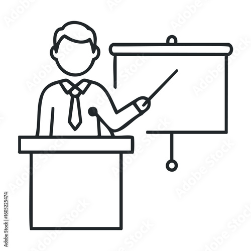 Male adult educator giving presentation at podium with projector screen. Vector illustration