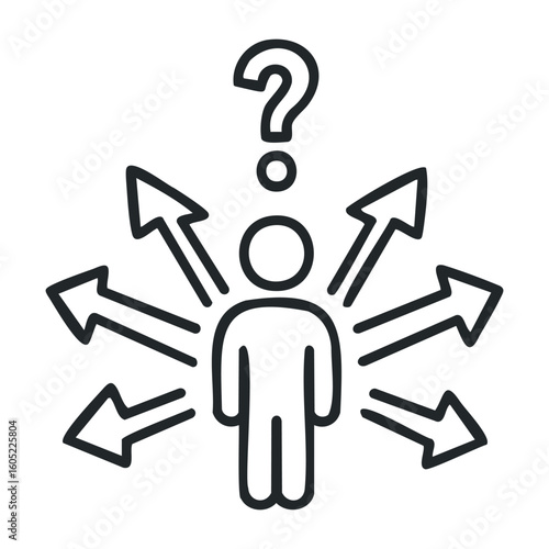 Confused person in decision-making dilemma with arrows and question mark. Vector illustration