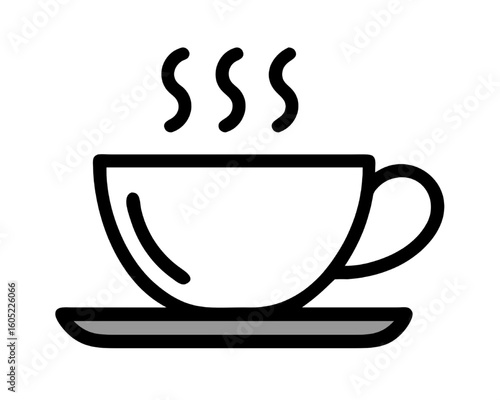 Hot beverage icon with a steaming cup of coffee or tea on a saucer, line art illustration.
