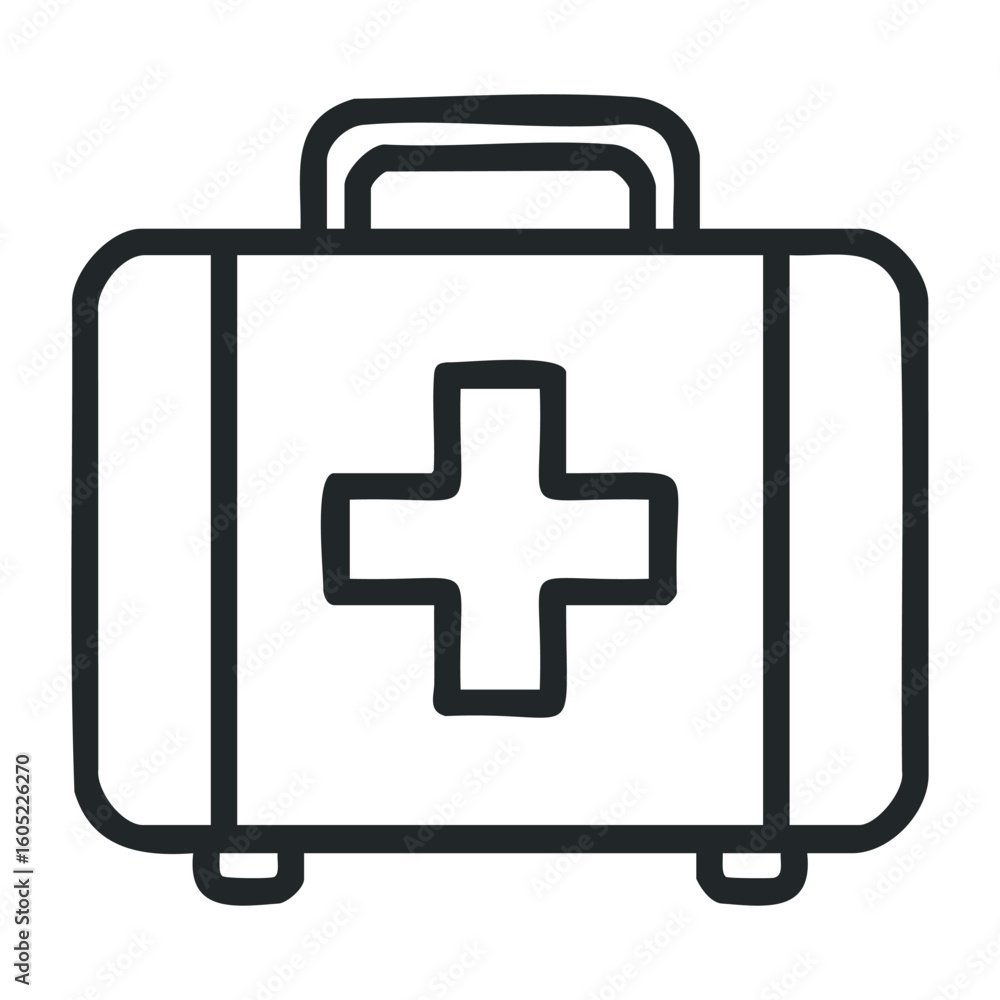 Obraz premium Black and white first aid kit icon with handle and cross symbol. Vector illustration