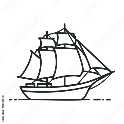 Black outline of a sailing ship with sails and hull on a white background. Vector illustration