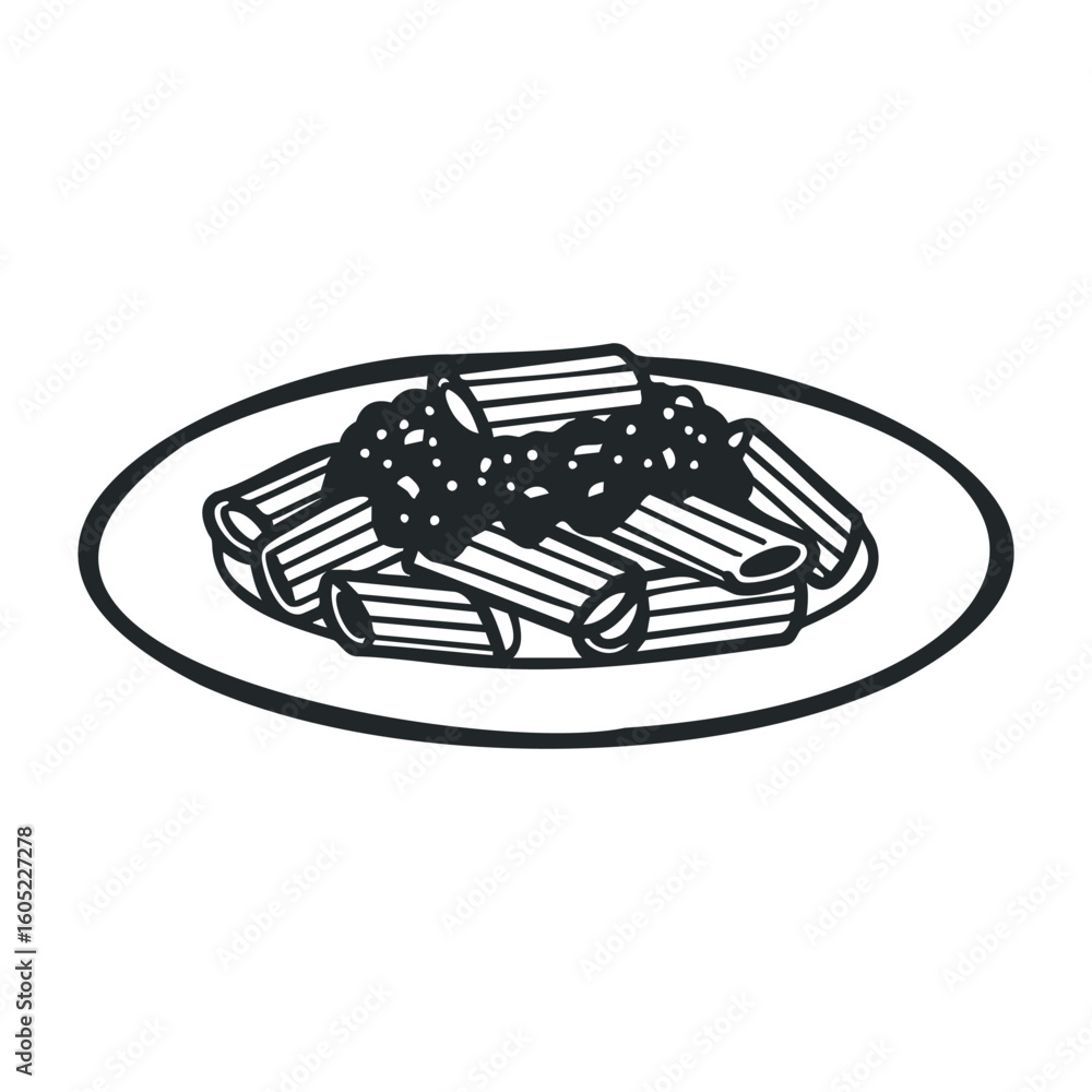 Fototapeta premium Black and white icon of penne pasta with tomato sauce on a plate. Vector illustration