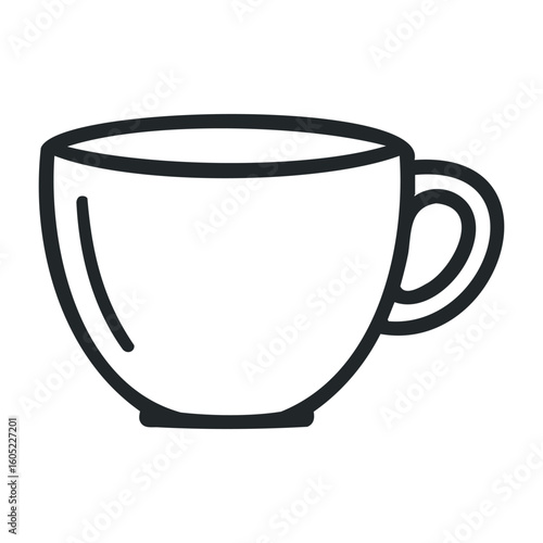 Simple black and white line drawing of a coffee cup with handle. Vector illustration