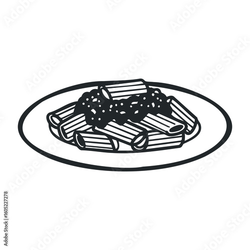 Black and white icon of penne pasta with tomato sauce on a plate. Vector illustration
