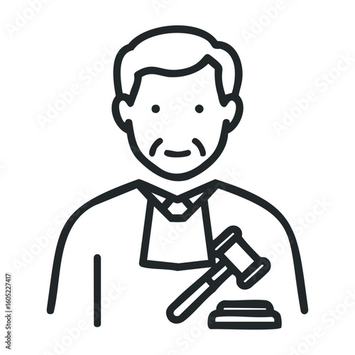 Judge icon black white outline of courtroom asian male judge with gavel justice symbol. Vector illustration