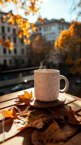 Cozy Coffee Cup Surrounded by Autumn Leaves on a Sunny Day in the City