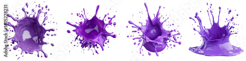 Dynamic violet paint splashes frozen in time, offering a vibrant burst of color for captivating visual designs and creative projects, perfect for modern aesthetics - Isolated on Transparent Background